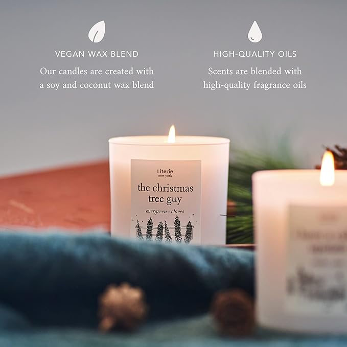 Literie NYC Inspired Scented Candle: The Christmas Tree Guy - Evergreen & Cloves Scent, 9oz, 50 Hour Burn, Vegan Soy & Coconut Blend Candle for Home Decor, Gift for Women & Men