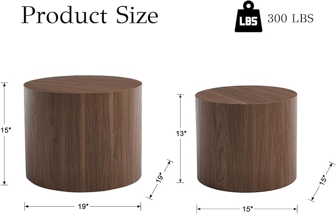 EALSON Nesting Coffee Tables Set of 2 Farmhouse Small Round End Tables Modern Wood Circle Side Table Drum Table for Living Room Small Spaces Bedroom Balcony, No Assembly, Walnut