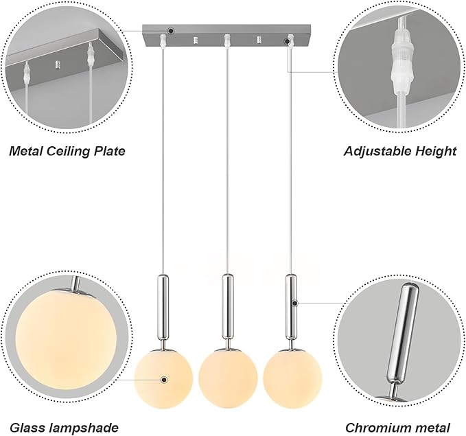 Modern Chrome Pendant Lights Kitchen Island Mid Century with Globe Pendant Light Milk White Glass Pendant Lighting for Living Room Bedroom Entryway (3 Lights)