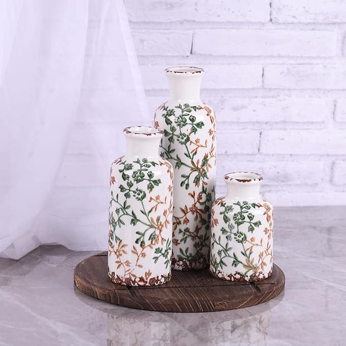 Farmhouse Vase for Home Decor, Ceramic vase Set of 3. Vintage Flower Vase Suitable for Home Decor, Living Room, Shelf Decor, Dining Table Decor (Green and Orange)