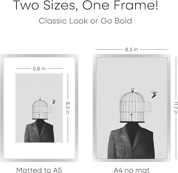 Homeforia A4 Picture Frame Silver, High End Metal 8.3 x 11.7 inch Silver Poster Frames with Mat 5.8 by 8.3 Art, A4 Frame Matted to A5 Photo, 8.3x11.7 Wall or Tabletop Frames, Tempered Glass, Set of 3