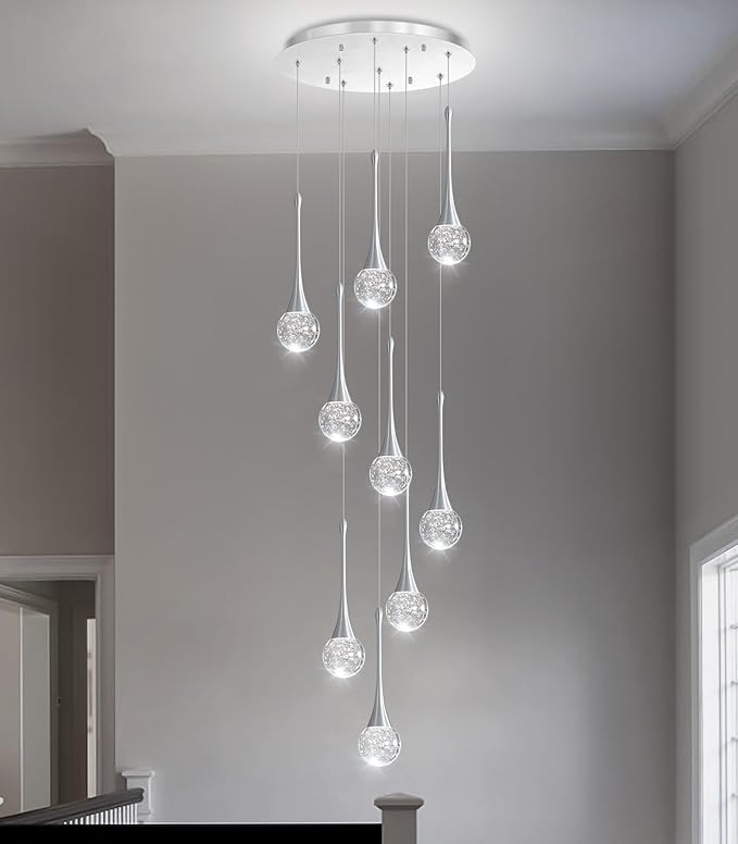 9 Light Modern Glam Crystal Chandelier for High Ceiling LED Dimmable Ceiling Pendant Light Staircase Foyer Enterway Living Room Chandelier Lighting Antique Silver