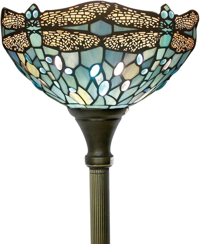 WERFACTORY Tiffany Floor Lamp Sea Blue Stained Glass Dragonfly Light 12X12X71 Inches Pole Torchiere Standing Corner Torch Uplight Decor Bedroom Living Room Home Office S147 Series