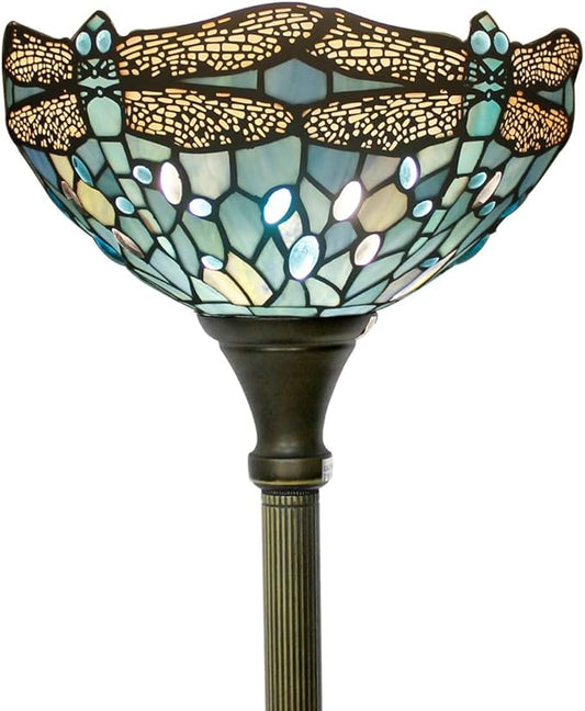 WERFACTORY Tiffany Floor Lamp Sea Blue Stained Glass Dragonfly Light 12X12X71 Inches Pole Torchiere Standing Corner Torch Uplight Decor Bedroom Living Room Home Office S147 Series