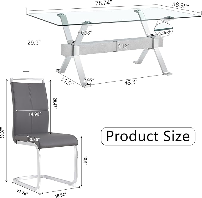 7 Piece Glass Dining Table Set, Kitchen Table Chairs Set for 6, 71'' Dining Table with 0.4" Tempered Glass Tabletop with Plated Metal Legs and MDF Crossbar, 6 PU Chairs for Dining Room, Kitchen.