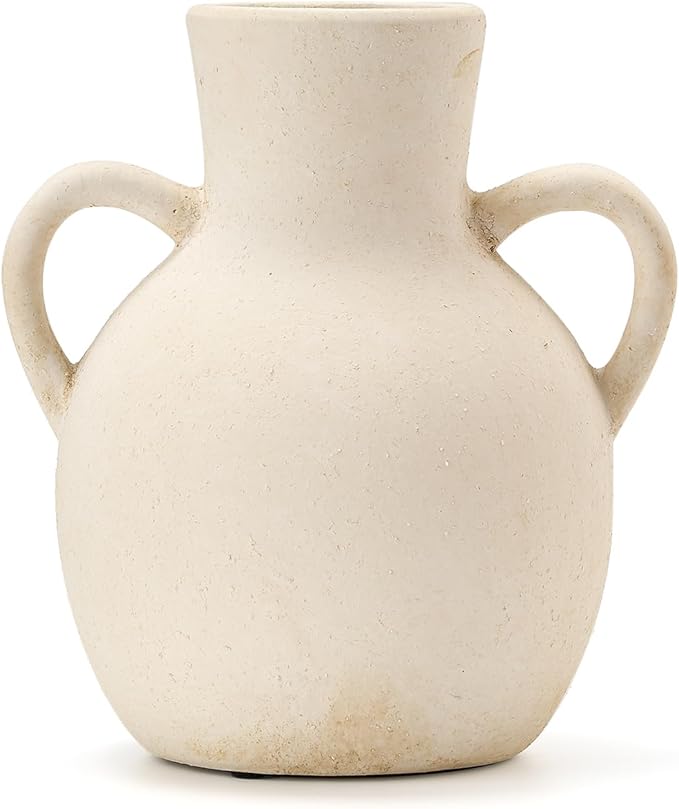 SIDUCAL Rustic Ceramic Farmhouse Flower Vase with 2 Handles, Terracotta Vase, Decorative Pottery Flower for Home Decor, Table, Wedding, Living Room, Shelf Decor, 7.3 Inch, White