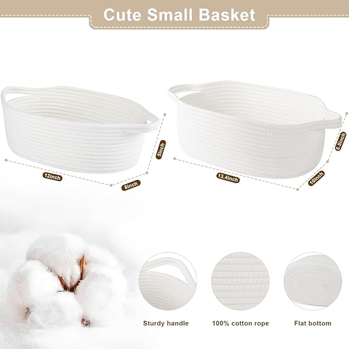 OIAHOMY Gift Basket Empty with Handle, 12"x 8"x 5" Small Woven Basket with Gift Bag, Ribbon and Wrap Tissue Paper, Dog Toy Storage for Organizing - White