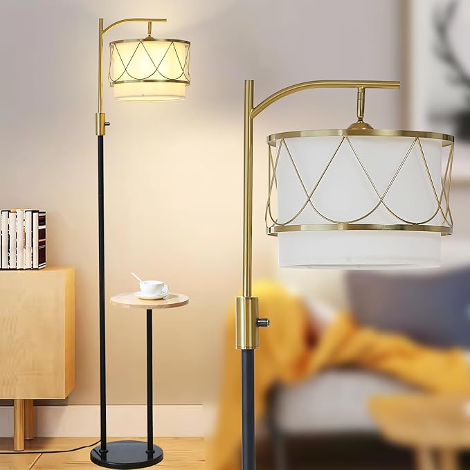 Dimmable Floor Lamp with Wooden Table and Marble Base, Boho Farmhouse Arc Standing lamp with Fabric & Metal Lampshades for Living Room Bedroom