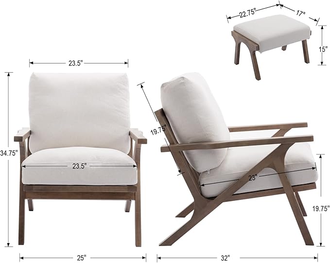 Wahson Mid Century Arm Chair and Ottoman Set, Upholstered Accent Armchair with Wood Frame and Linen Cushions, Leisure Slipper Chair for Living Room/Bedroom, Cream