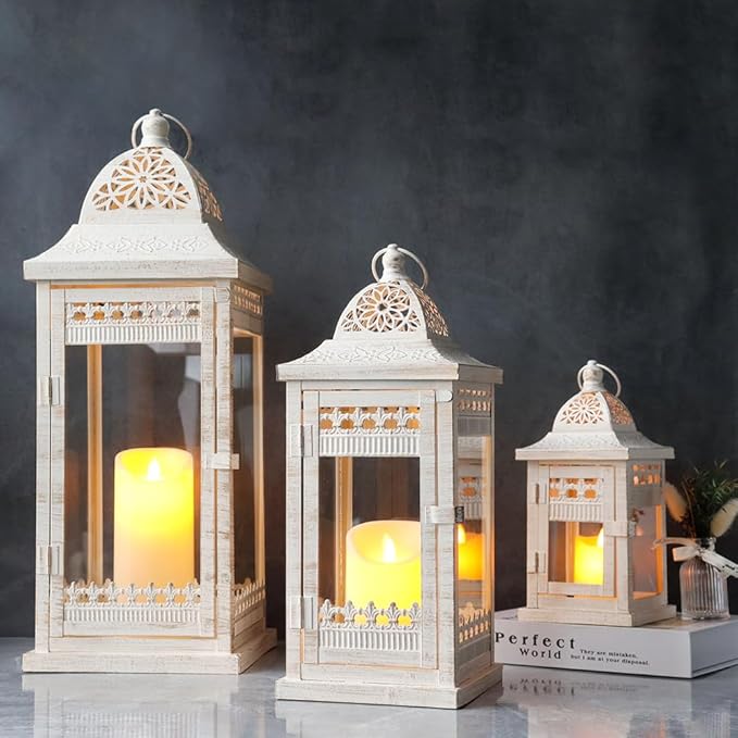 JHY DESIGN 6Pcs Decorative Candle Lanterns 20"&14.5"&9.5" High Vintage Style Hanging Lantern, Metal Candleholder for Indoor Outdoor, Events, Parties and Weddings（Beige with Gold Brush）