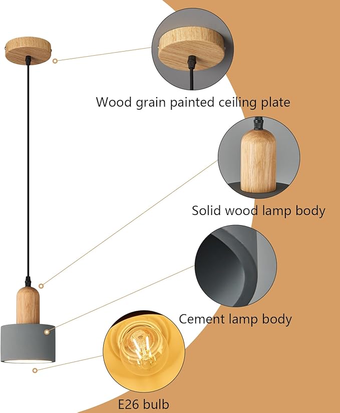 Modern Cement Pendant Lights Grey Chandelier Wooden Ceiling Lamps for Kitchen Island Bedroom Dining Room Living Room bar（2 Pack）