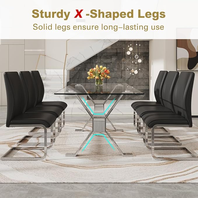 71'' Glass Dining Table Set for 6,7 Piece Dining Table Set with Tempered Glass Tabletop and Open‑Frame X‑Shaped Metal Base,Kitchen Table and Chairs Ideal for Dining Room&Home Office