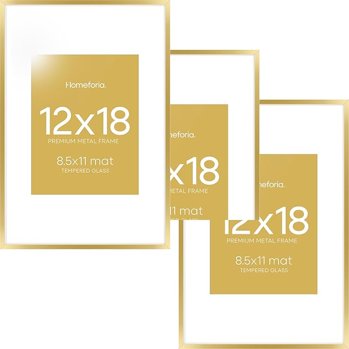 Homeforia 12x18 Picture Frame Gold, High End Metal 12x18 Poster Frames with Mat 8.5x11 Photo, 12 x 18 Gold Frame Matted to 8.5 by 11 Print, 18x12 Thin Hanging Frame, Tempered Glass, Wall Kit, Set of 3