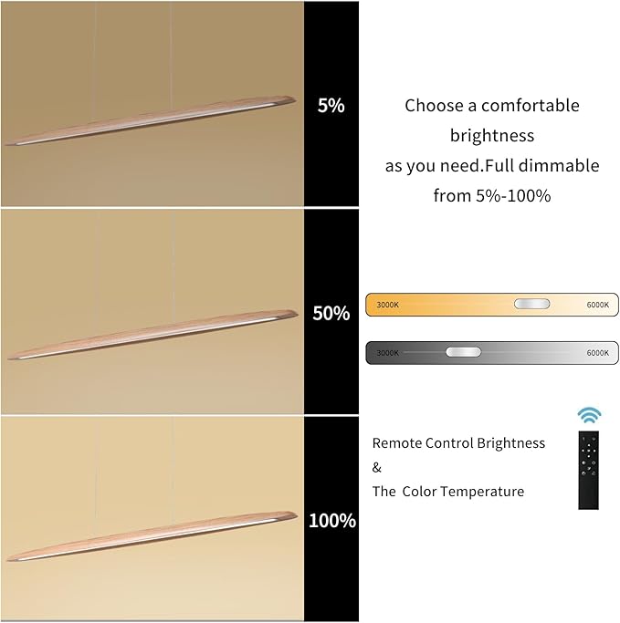 59" 40W Wood LED Linear Pendant Light Fixture Led Dining Room Light Dimmable Hanging Light Fixture for Dining Room Kitchen Island Pool Table Lights Natural Ash