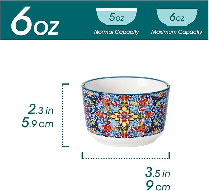 vancasso 6 Oz Ramekins Oven Safe Set of 6, Bohemian Creme Brulee Ramekins, Colorful Souffle Dishes, Pudding Custard Cups for Baking, Small Ceramic Bowls for Dipping Sauce, Ice Cream
