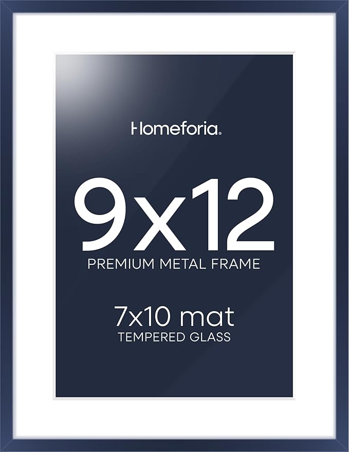 Homeforia 9x12 Navy Blue Frame, High End Metal 9 x 12 Picture Frames with Mat 7 by 10 inch Photo, 9by12 Poster Frame Matted to 7x10 Art, 12x9 Wall or Tabletop Frame, Tempered Glass, Wall Kit, Set of 1