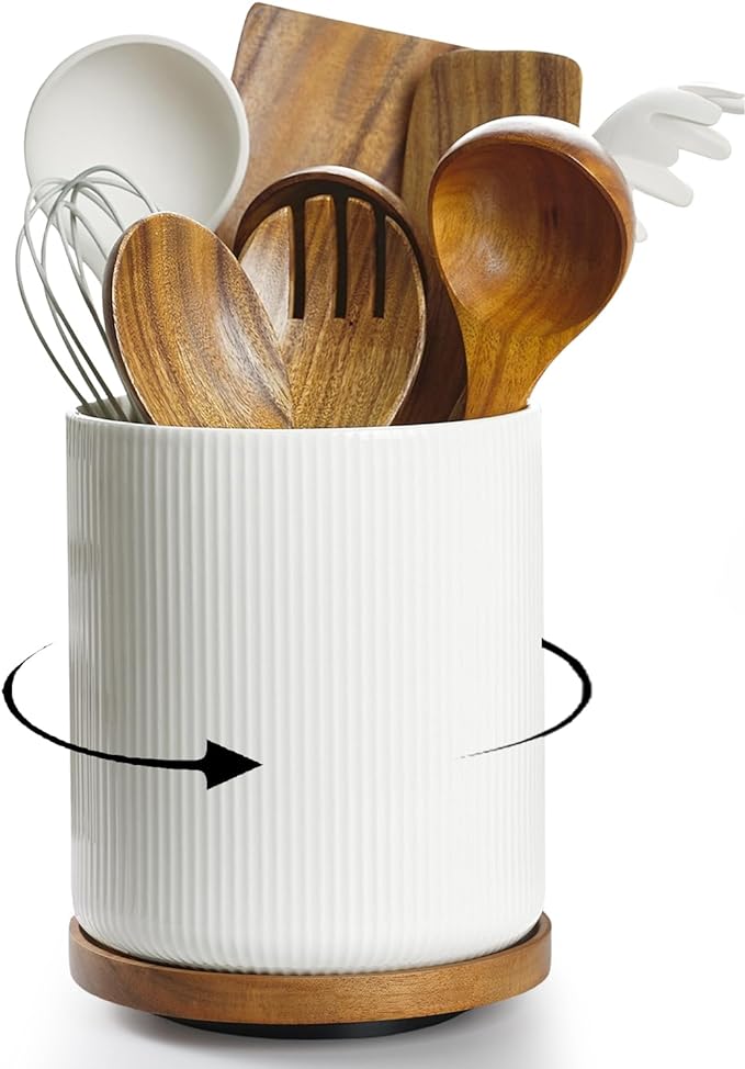 getstar 360° Rotating Large Kitchen Utensil Holder, Ceramic Cooking Utensil Holder for Kitchen Counter with Rotatable and Detachable Wooden Base (White)