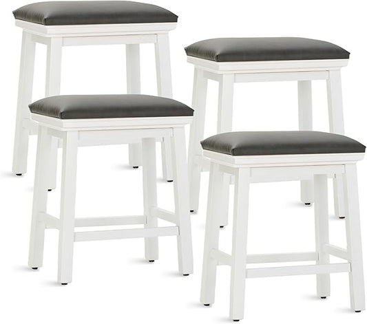 MAISON ARTS Counter Height 24 inch Bar Stools Set of 4 for Kitchen Counter Solid Wood Legs with Faux Leather Padded Seat Farmhouse Barstools for 34"-38" Counter Island Upholstered Stools, Black+White