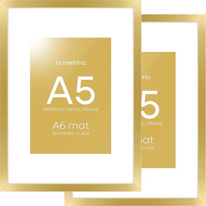 Homeforia A5 Picture Frame Gold, High End Metal 5.8 x 8.3 Frames Matted to 4.1 by 5.8 inch Photo, A5 Frame with Mat A6, 5.8x8.3 Poster Frames, 8.3x5.8 Display Frame, Tempered Glass, Wall Kit, Set of 2