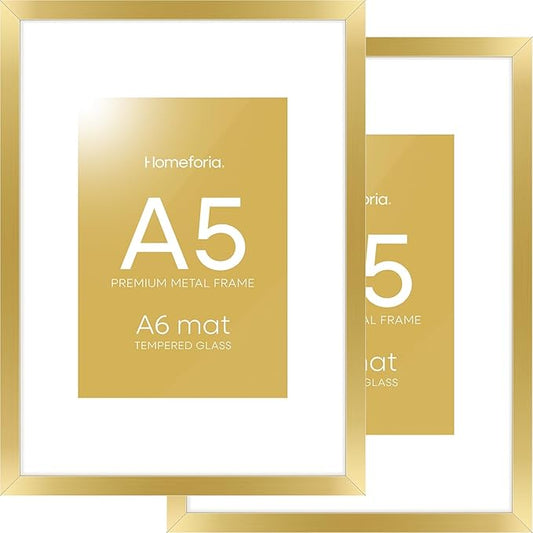 Homeforia A5 Picture Frame Gold, High End Metal 5.8 x 8.3 Frames Matted to 4.1 by 5.8 inch Photo, A5 Frame with Mat A6, 5.8x8.3 Poster Frames, 8.3x5.8 Display Frame, Tempered Glass, Wall Kit, Set of 2
