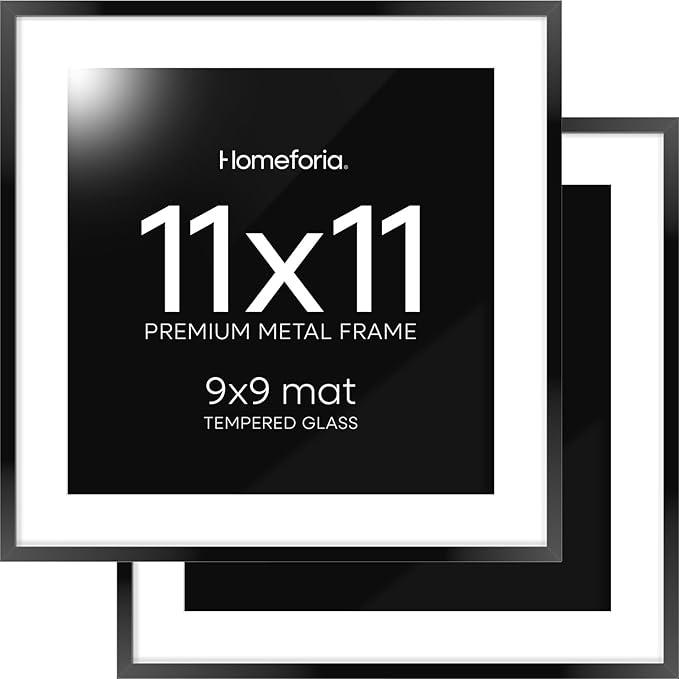 Homeforia 11x11 Picture Frame Black, High End Metal 11 by 11 Square Frames with Mat 9 x 9 Opening, 11by11 Poster Frames Matted to 9x9 inch Photo, Wall Hanging Frame, Tempered Glass, Wall Kit, Set of 2
