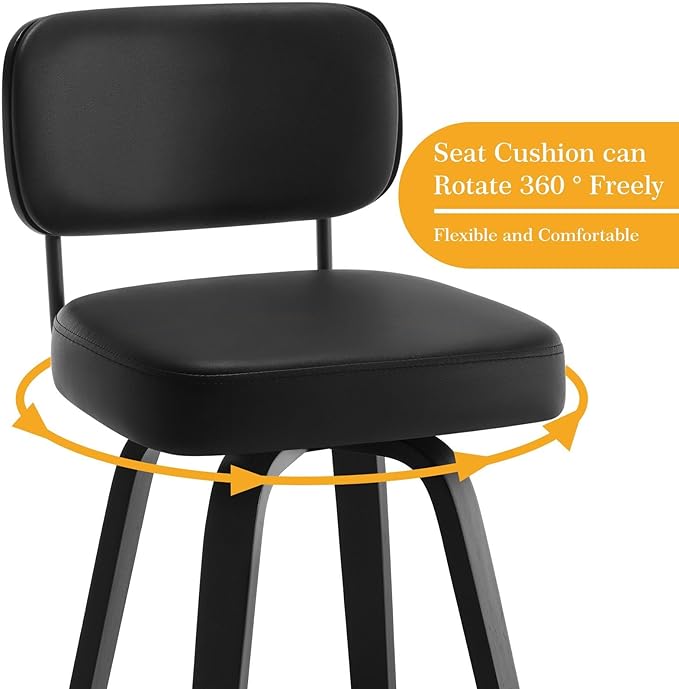 Swivel Counter Height Bar Stools Set of 4, 26" Upholstered Faux Leather Barstools with Back, Bar Chairs Island Stools for Kitchen Counter, Black Wood Frame, Black