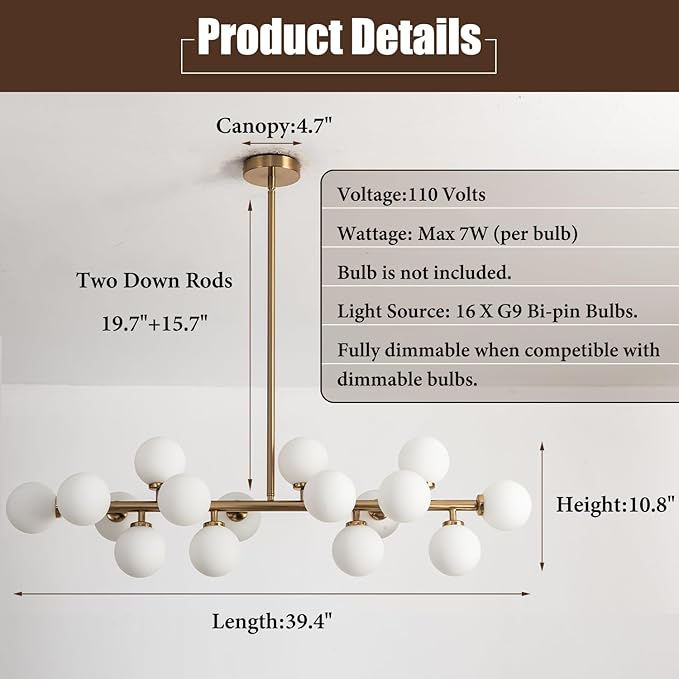 Mid Century Modern Chandelier Brass Gold Pendant Lighting Fixture Linear Chandeliers for Kitchen Island, Dining Room 16-Light