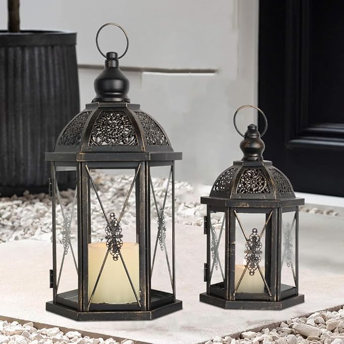 DECORKEY Large Lantern Decorative Outdoor & Indoor, Set of 2 (15’’&10’’) Metal Candle Lanterns Decor, Vintage Hanging Candle Holder for Front Porch Patio Wedding Farmhouse Home, Spring Decoration