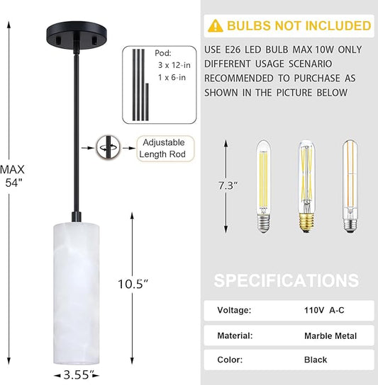 1 Light Modern Industrial Farmhouse Hanging Kitchen Island Pendant Ceiling Light Fixture,Cylinder Natural Alabaster Marble Black Finish Over Sink Restaurant bar Corridor