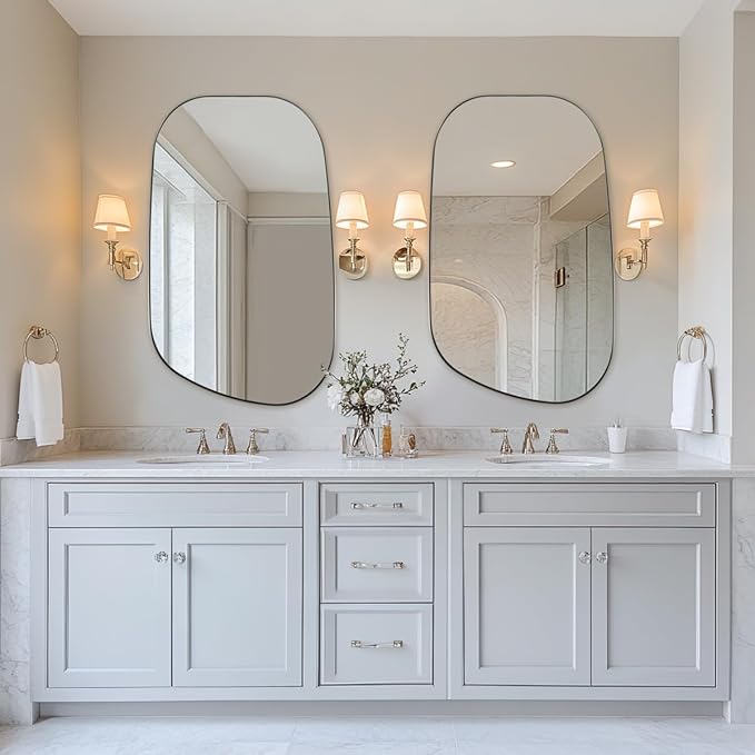 ANDY STAR 24"x40" Asymmetrical Wall Mirror，Brushed Nickel Irregular Bathroom Mirror with Stainless Steel Metal Frame, Wall-Mounted Mirror for Bathroom, Entryway (Horizontal/Vertical)