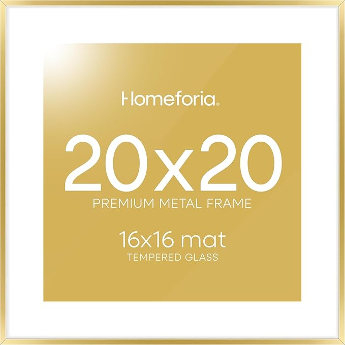 Homeforia 20x20 Picture Frame Gold, High End Metal 20 x 20 Square Poster Frame with Mat 16 x 16 Photo, 20x20 Frame Matted to 16x16 Print, 20by20 Gold Hanging Frames, Tempered Glass, Wall Kit, Set of 1
