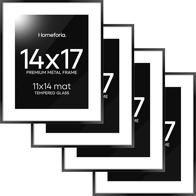 Homeforia 14x17 Picture Frame Black, High End Metal 14 x 17 Poster Frames with Mat 11 x 14 for Photo, 14x17 Black Frame Matted to 11x14 inch Print, 17x14 Thin Frame, Tempered Glass, Wall Kit, Set of 4