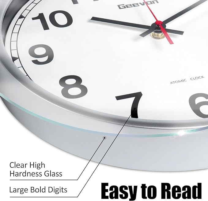 Geevon 12 Inch Atomic Wall Clock - Self-Setting Analog Clock with Automatic Time Sync - Battery Operated for Home Office School - Silver Frame