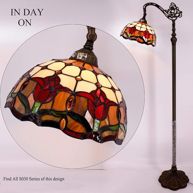 WERFACTORY Tiffany Floor Lamp Red Tulip Flower Stained Glass Arched Lamp 12X18X64 Inches Gooseneck Adjustable Corner Standing Reading Light Decor Bedroom Living Room S030 Series (A)