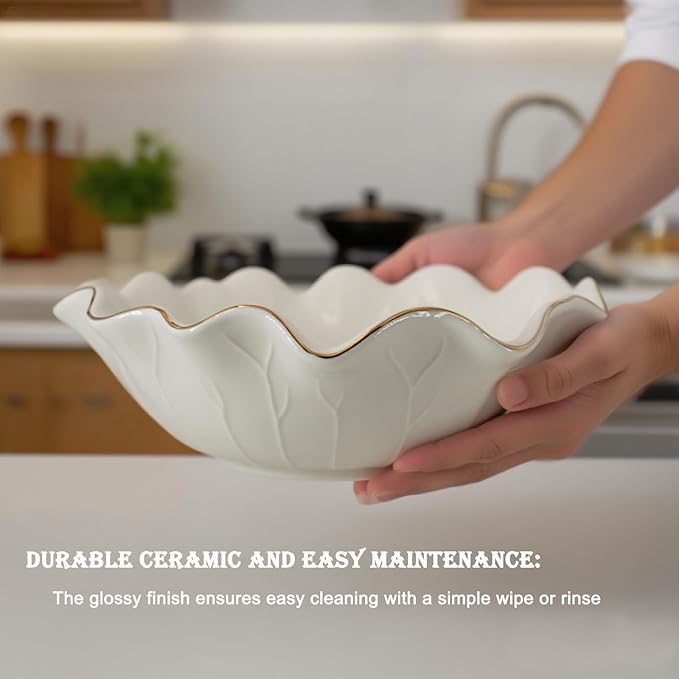 10" Large White Ruffle Lotus Design with Gold Trim Ceramic Fruit Bowl, Decorative Leaf Floral Bowl for Coffee Table Kitchen Counter and Home Decor Approx Capacity 45 fl oz