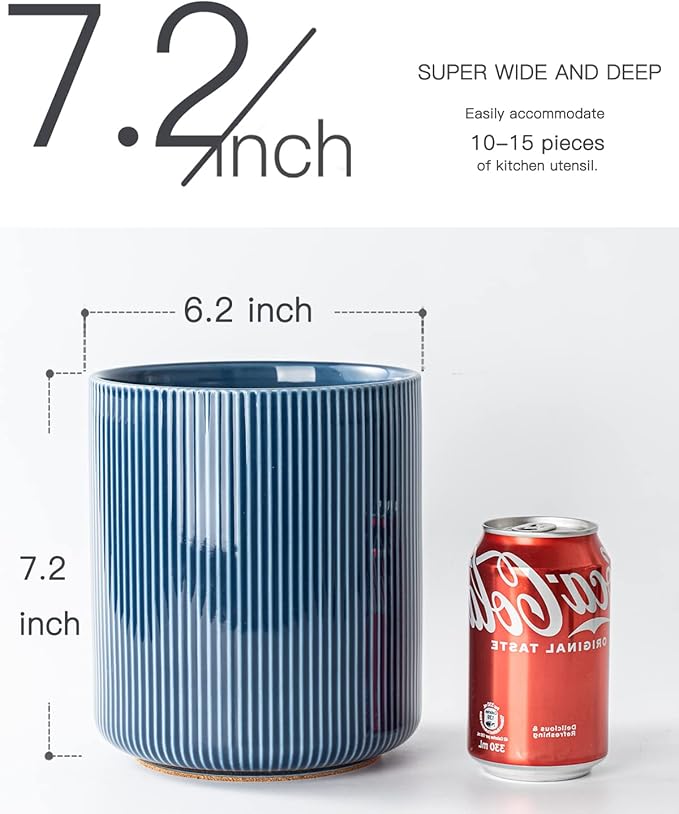 getstar Large Kitchen Utensil Holder for Kitchen Counter (H7.2” x W6.2”), Ceramic Cooking Utensil Holder with Cork Mat (Navy, Utensils Not Included)