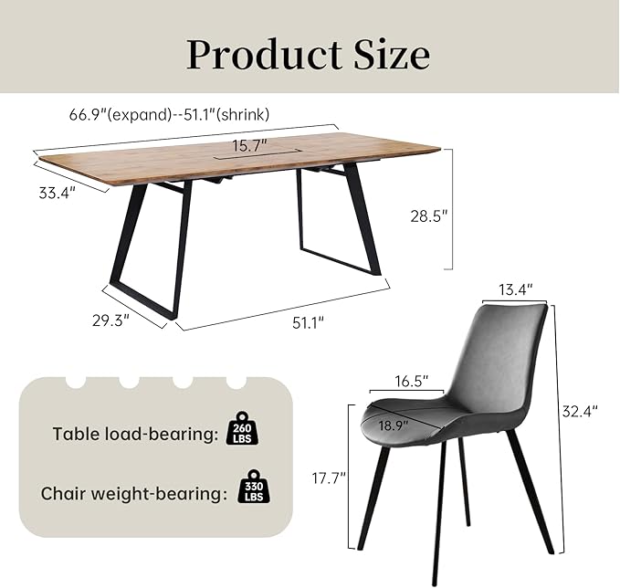 ZckyCine 67'' Extendable Rectangular Wooden Dining Table and Chairs 6-Seater Modern Mid-Century Style Multi-Purpose Space-Saving Design Home Dining Room Furniture Set