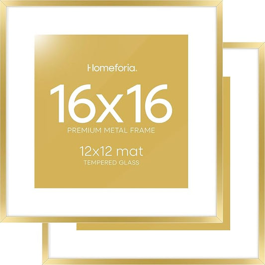 Homeforia 16x16 Picture Frame Gold, High End Metal 16 x 16 Square Poster Frame with Mat 12 x 12 Photo, 16x16 Frame Matted to 12x12 Print, 16by16 Gold Hanging Frames, Tempered Glass, Wall Kit, Set of 2