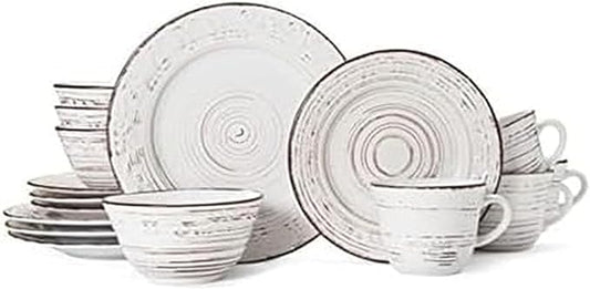 Pfaltzgraff Trellis White 16-Piece Stoneware Dinnerware Set, Service for 4, Distressed White Finish, Microwave & Dishwasher Safe Plates and Bowls