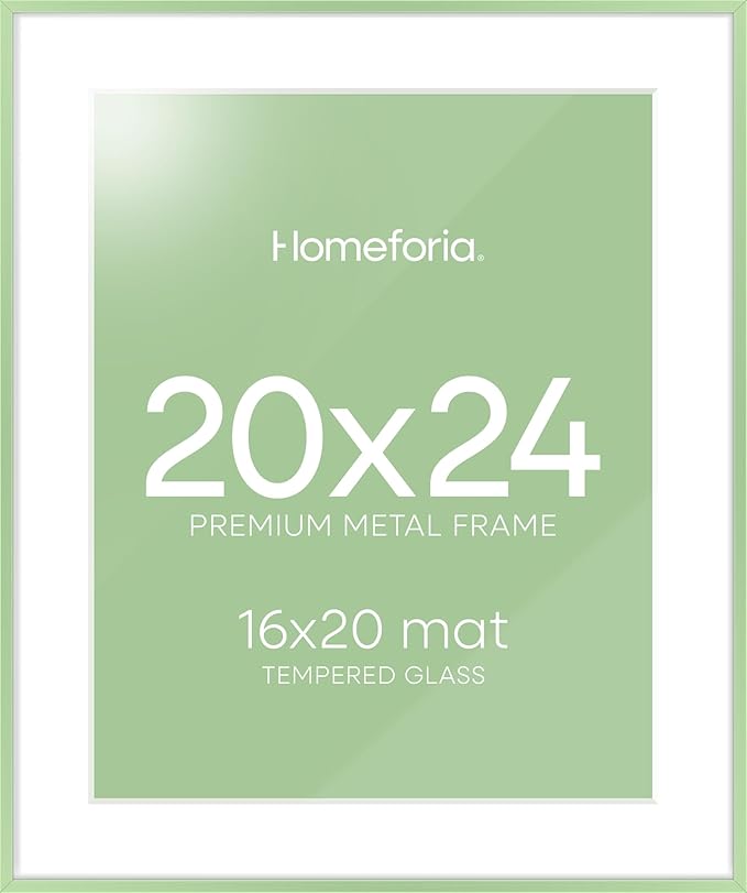 Homeforia 20x24 Frame Sage Green, High End Metal 20x24 Poster Frames with Mat 16x20 inch Photo, 20 x 24 Sage Green Picture Frame Matted to 16 by 20 Art, 24x20 Frame, Tempered Glass, Wall Kit, Set of 1