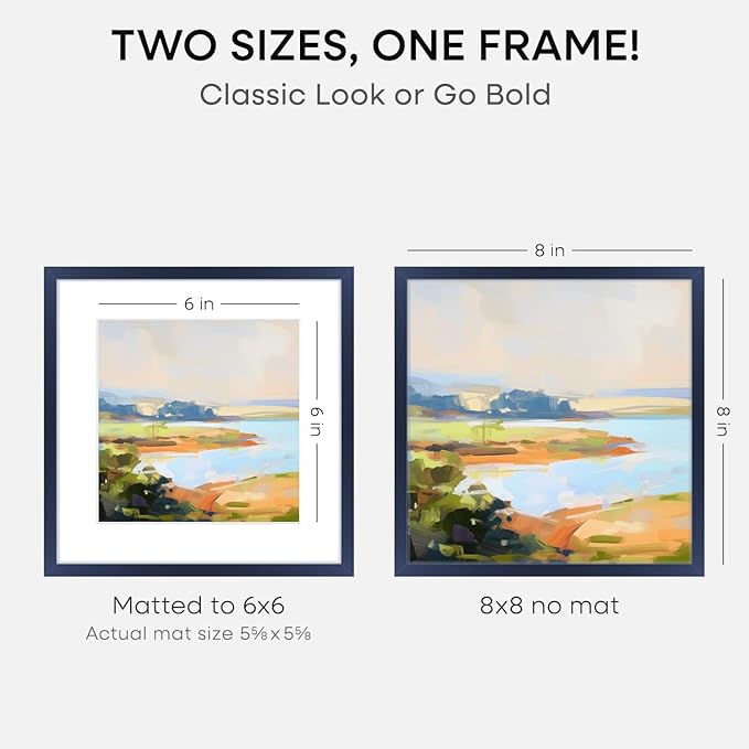 Homeforia Navy Blue Frame 8x8, High End Metal 8 x 8 Square Picture Frames with Mat 6 x 6 Art, 8x8 Photo Frame Matted to 6x6 inch Print, 8by8 Wall or Tabletop Frames, Tempered Glass, Wall Kit, Set of 1
