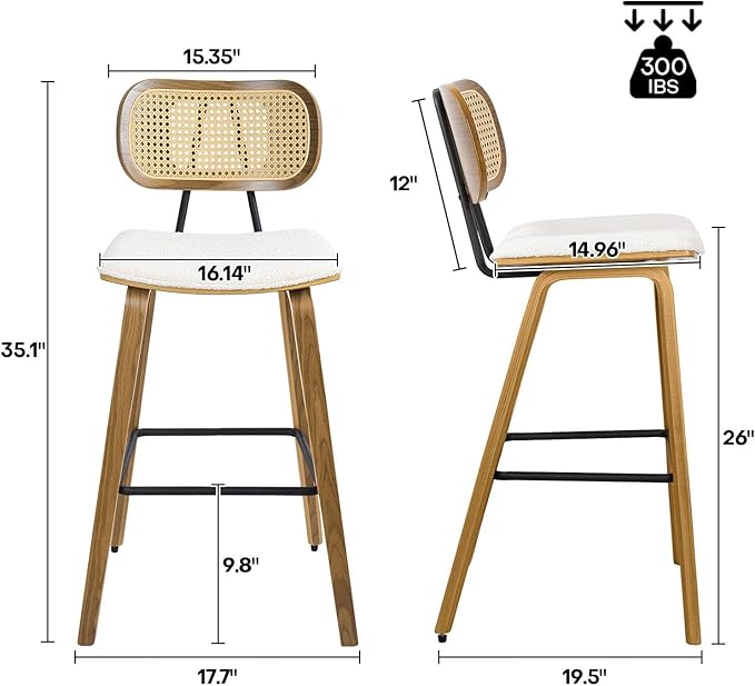 Counter Height Bar Stools Set of 4, Mid Century Modern Counter Stools, 26" Wood Kitchen Stool Boucle Fabric Upholstered Barstool with Rattan Back, Counter Height Island Dining Bar Chair, White