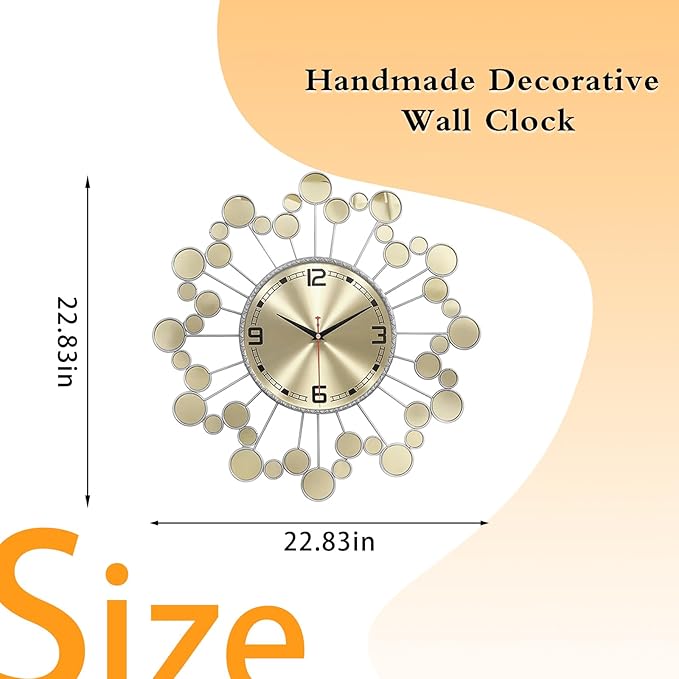 Wall Clock 22.8 Inch Silver Starburst - Silent Non-Ticking Battery Operated Large Round Sunburst Clock for Living Room, Bedroom, Kitchen, Office - Elegant Home Decor Wall Watch