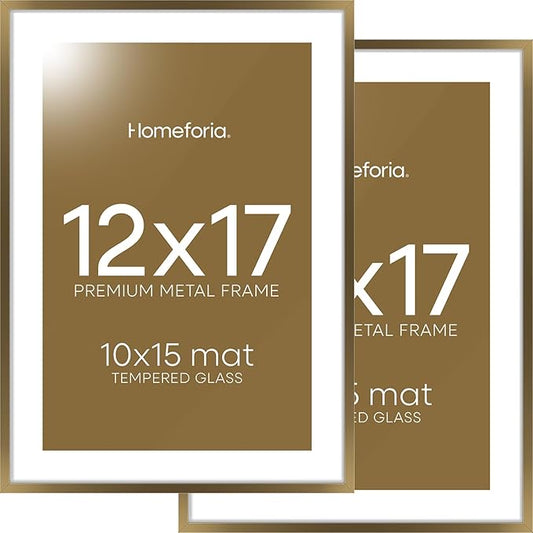 Homeforia 12x17 Picture Frame Bronze, High End Metal 12x17 Brass Poster Frames with Mat 10x15 Photo, 12 x 17 Frame Matted to 10 by 15 inch Print, 17by12 Thin Frames, Tempered Glass, Wall Kit, Set of 2