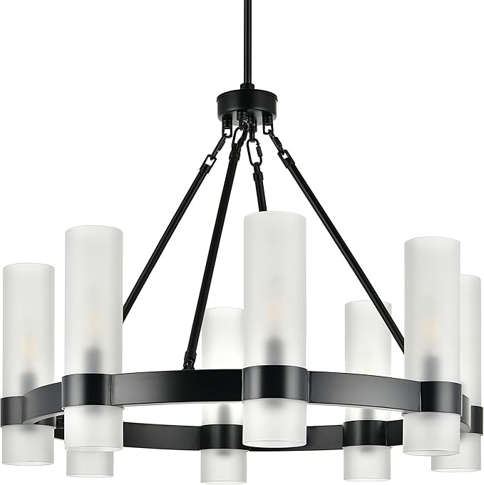 Linea di Liara Teramo Matte Black Chandelier Dining Room Light Fixture Small Wagon Wheel Chandelier Round Industrial Modern Farmhouse Chandeliers for Dining Room Foyer, Frosted Glass, UL Listed