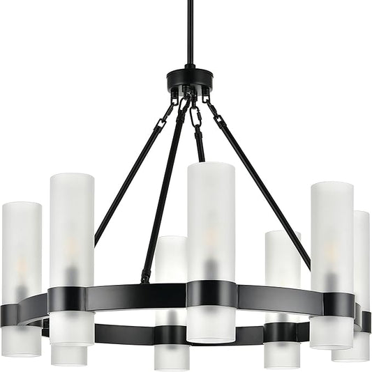Linea di Liara Teramo Matte Black Chandelier Dining Room Light Fixture Small Wagon Wheel Chandelier Round Industrial Modern Farmhouse Chandeliers for Dining Room Foyer, Frosted Glass, UL Listed