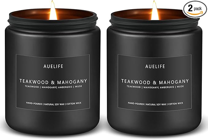 2 Pack Teakwood & Mahogany Candle | Scented Candles for Men, Man Gifts for Men - Masculine Candles - Soy Candle for Home Scented - 7oz Black Jar, Long Lasting