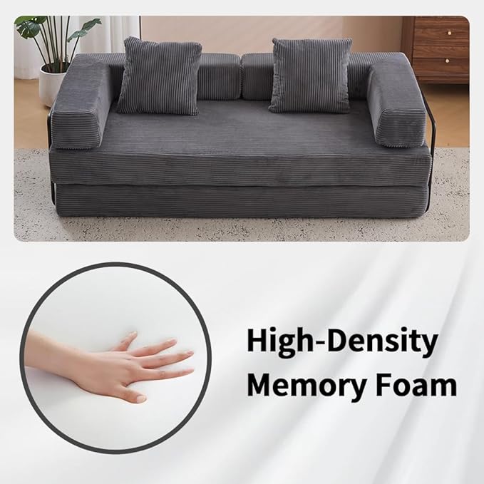 Convertible Folding Mattress Couch, Floor Sofa Bed with Fixed-Shape Frame, Corduroy Floor Sofa with Armrest, Floor Sofa Lounge Couch for Living Room Bedroom Lounge Studio-Dark Grey