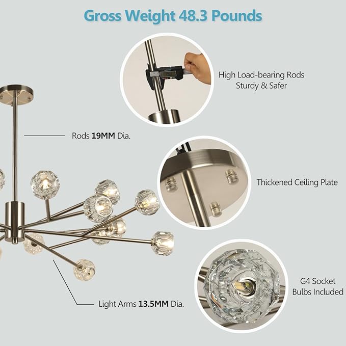 Sputnik Chandeliers 47.2", Large Sputnik Ceiling Chandelier for Living Room, Brushed Nickel 18 Lights Chandelier Light Fixture for Dining Room