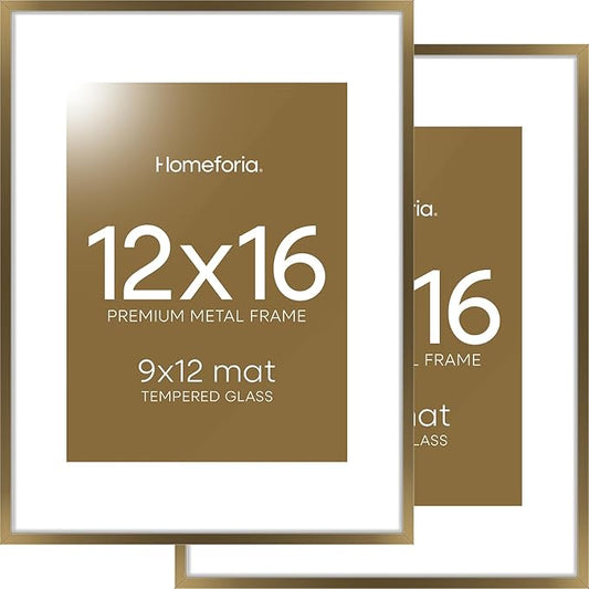 Homeforia 12x16 Picture Frame Bronze, High End Metal 12x16 Brass Poster Frames with Mat 9x12 Photo, 12 x 16 Bronze Frame Matted to 9 by 12 Print, 16by12 Thin Frames, Tempered Glass, Wall Kit, Set of 2